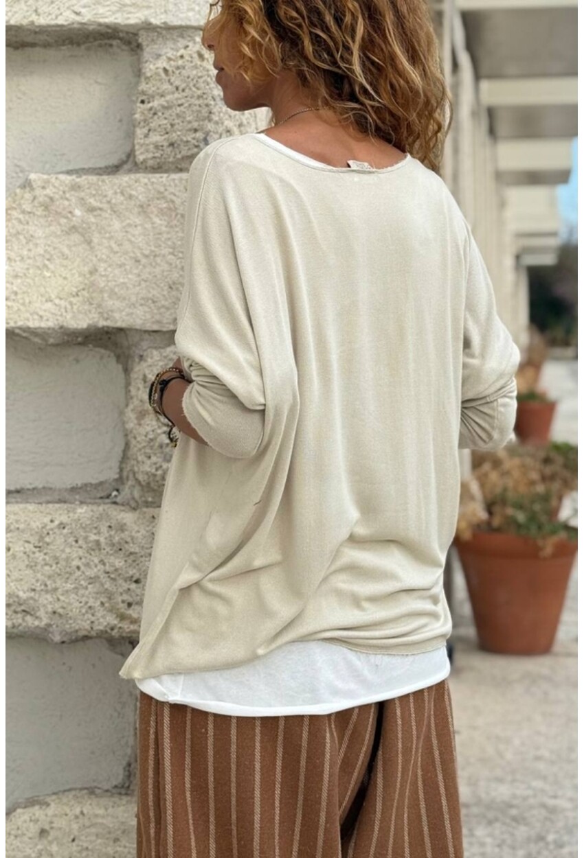 Bej Kayık Yaka İkili Set Yumuşak Dokulu Pamuklu Salaş Dokuma Bluz 65 55