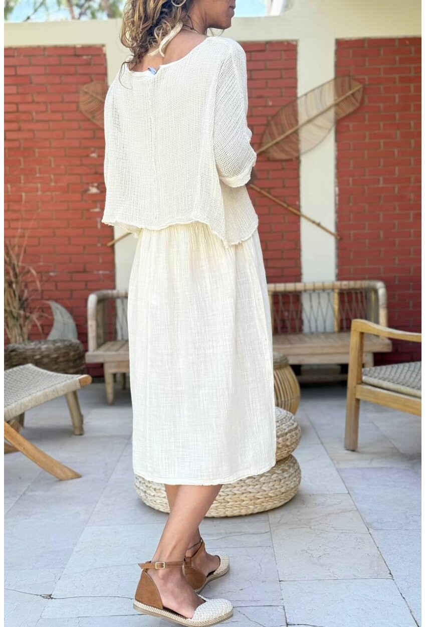 Bej Kayık Yaka Kısa Kol Çift Katlı File Detaylı Keten Salaş Dokuma Elbise 115 60