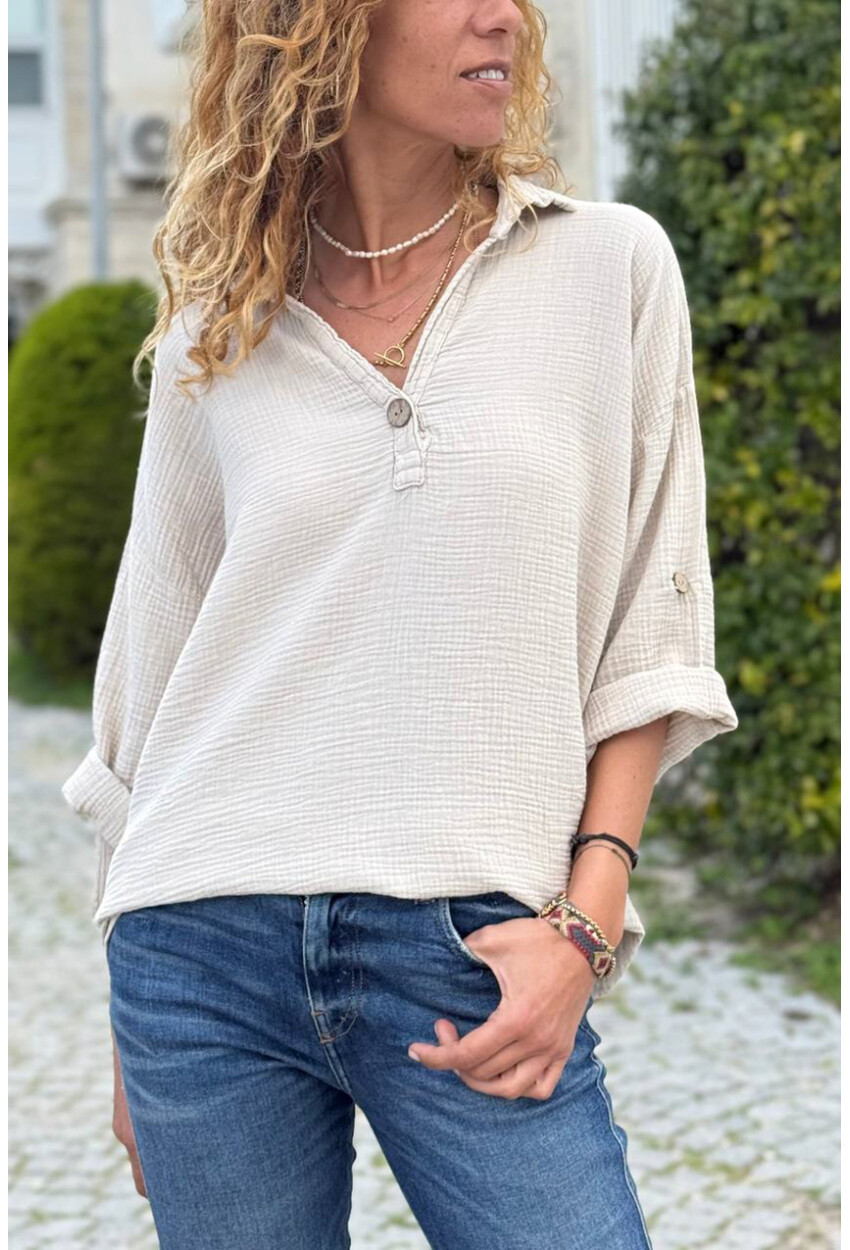 Bej Yarım Patlı Süs Düğmeli Pamuklu Salaş Dokuma Bluz 65 55