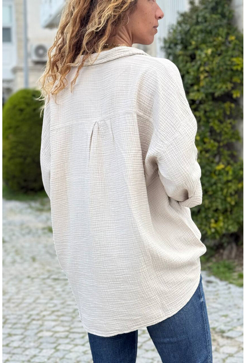 Bej Yarım Patlı Süs Düğmeli Pamuklu Salaş Dokuma Bluz 65 55