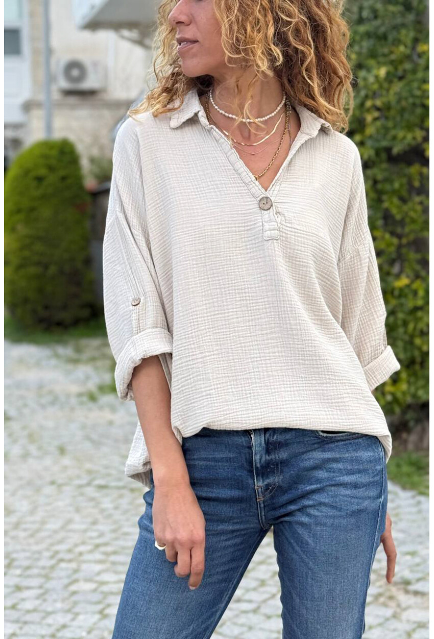 Bej Yarım Patlı Süs Düğmeli Pamuklu Salaş Dokuma Bluz 65 55