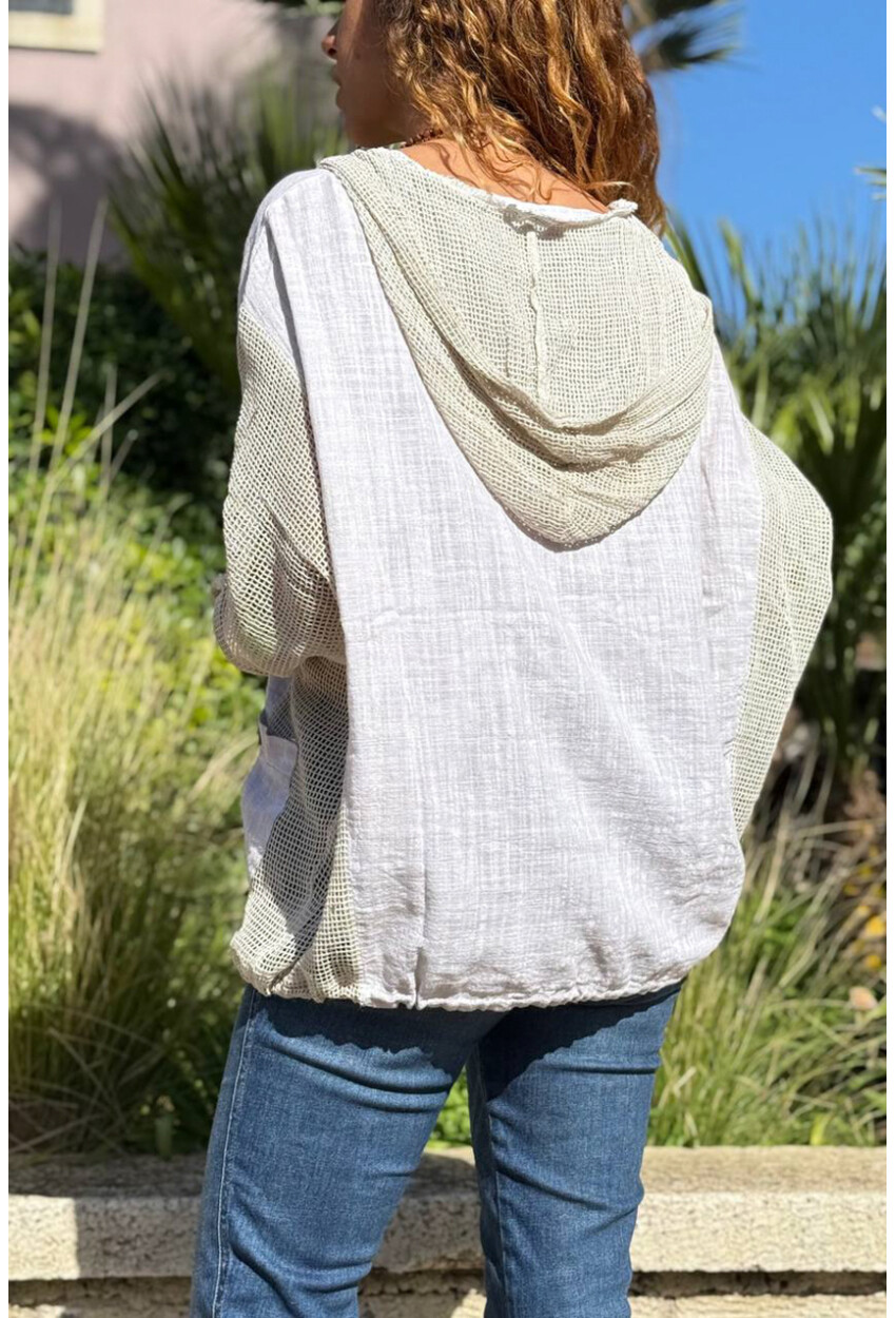 Bej Yıkamalı Keten Fileli Bağlamalı Kapüşonlu Bluz GK-RSD2021 68 85