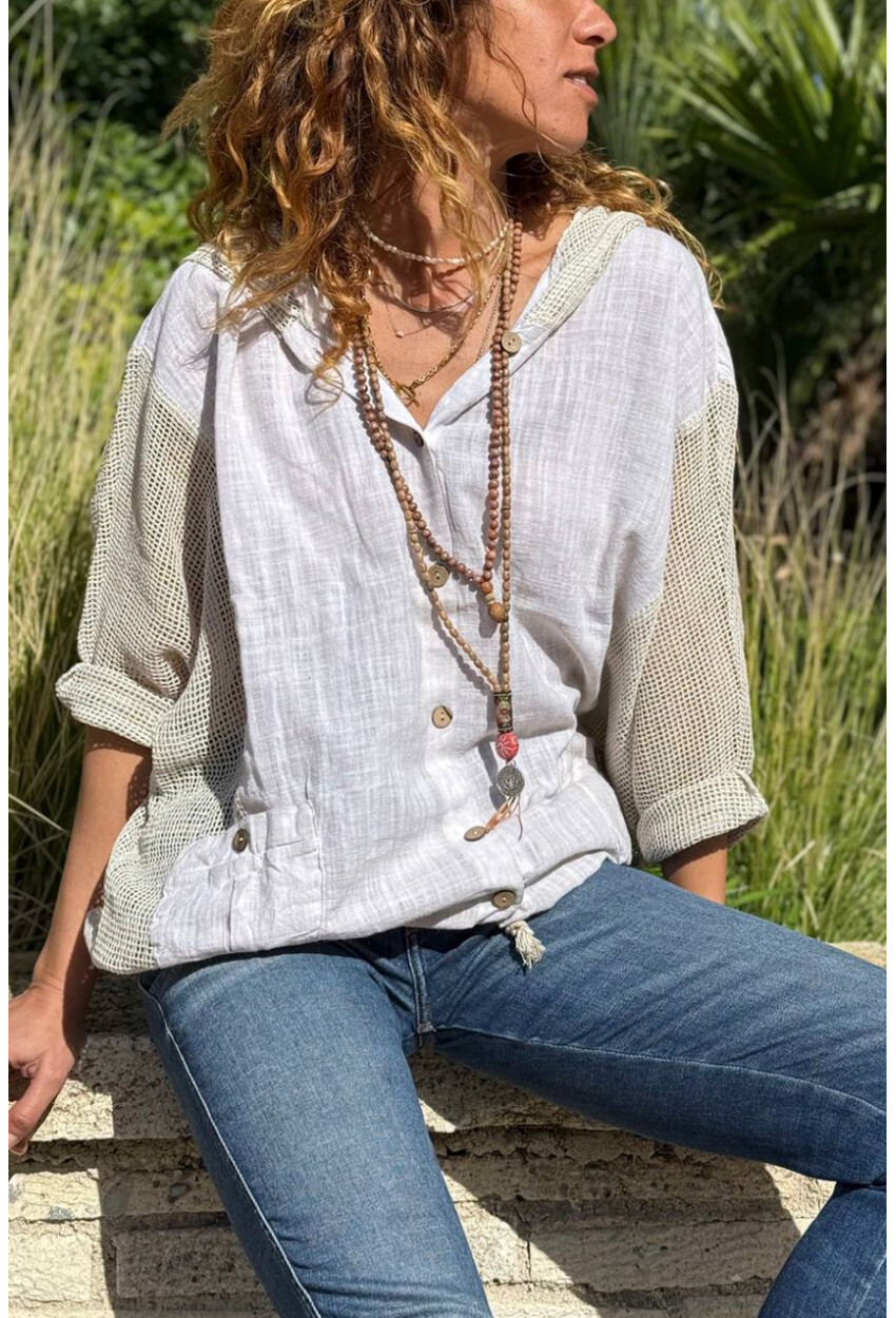 Bej Yıkamalı Keten Fileli Bağlamalı Kapüşonlu Bluz GK-RSD2021 68 85