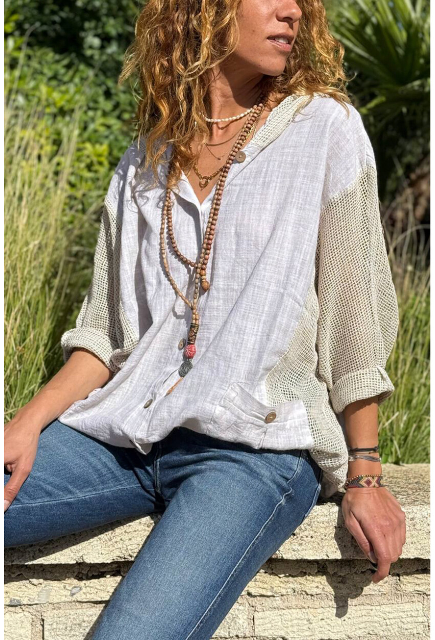 Bej Yıkamalı Keten Fileli Bağlamalı Kapüşonlu Bluz GK-RSD2021 68 85