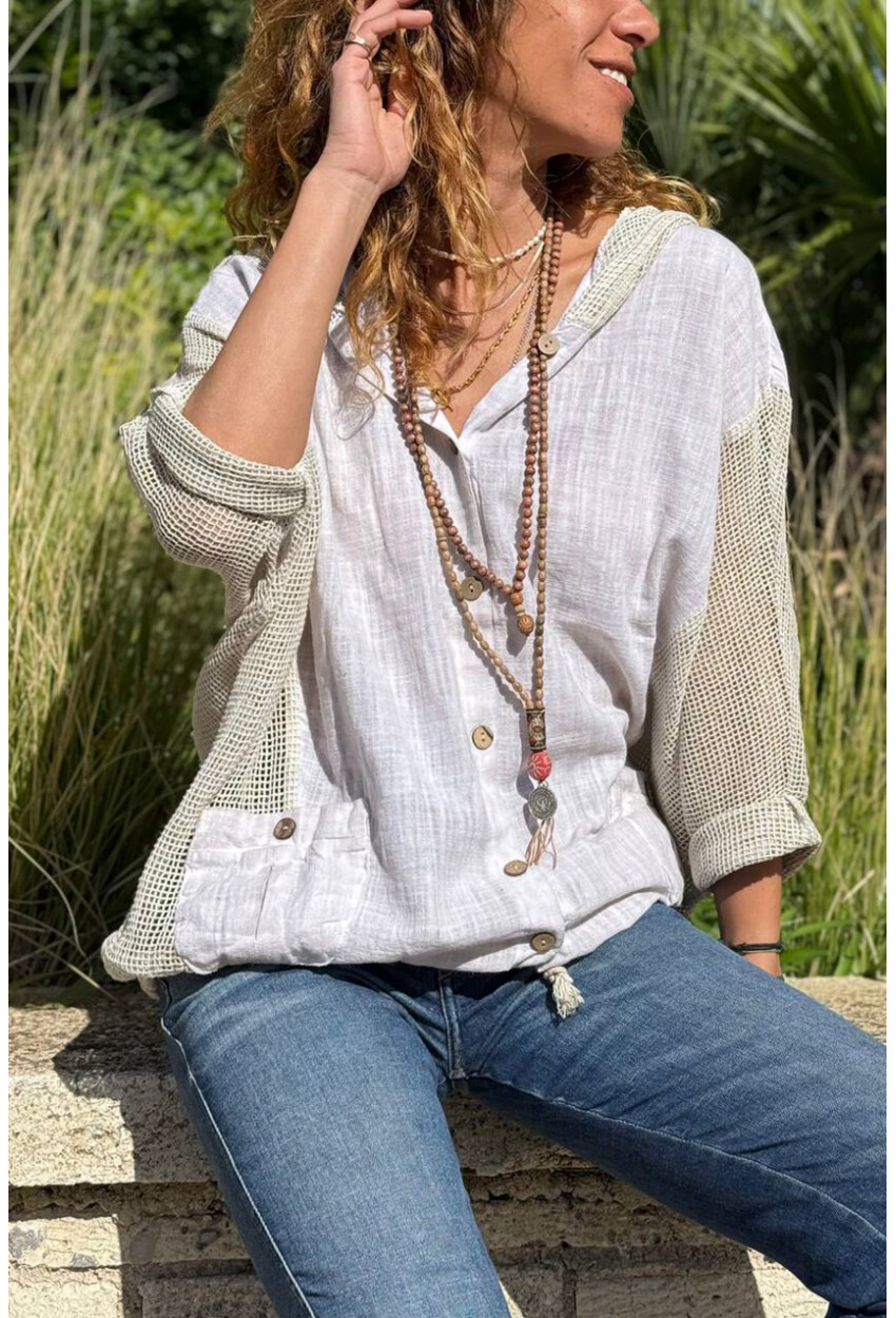 Bej Yıkamalı Keten Fileli Bağlamalı Kapüşonlu Bluz GK-RSD2021 68 85