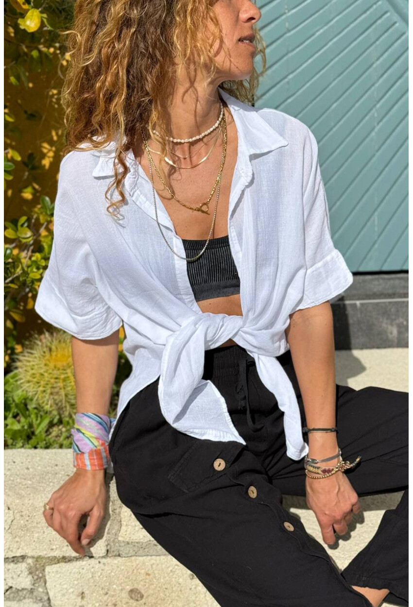 Beyaz Bağlamalı Pamuklu Arkası Uzun Crop Dokuma Bluz 70 45