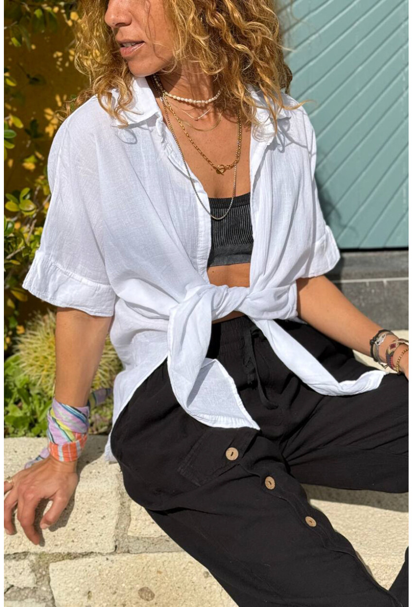 Beyaz Bağlamalı Pamuklu Arkası Uzun Crop Dokuma Bluz 70 45