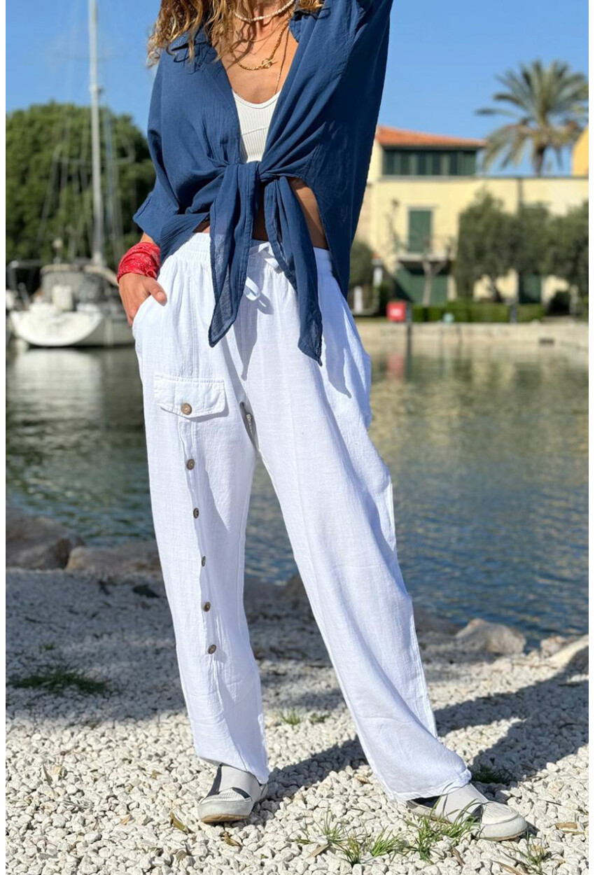 Beyaz Cepli Süs Düğmeli Bol Paça Pamuklu Salaş Dokuma Pantolon 95 35