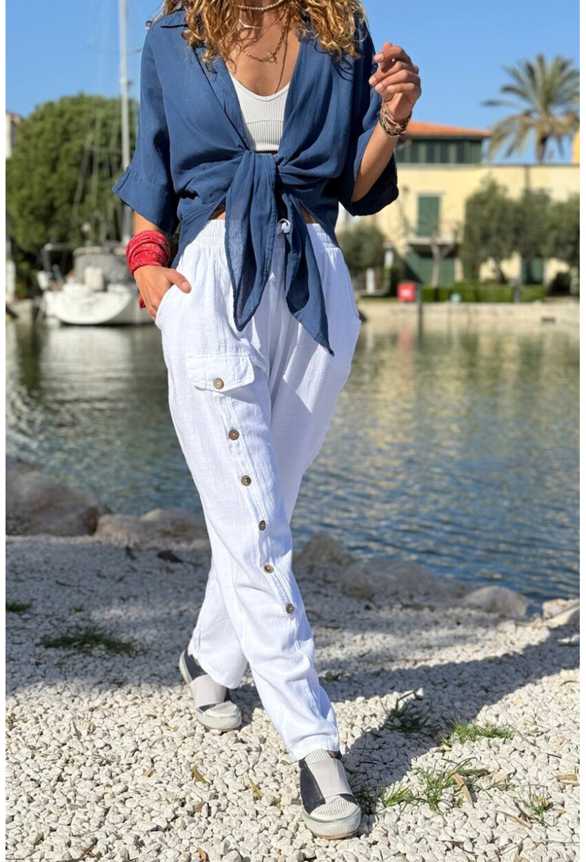 Beyaz Cepli Süs Düğmeli Bol Paça Pamuklu Salaş Dokuma Pantolon 95 35