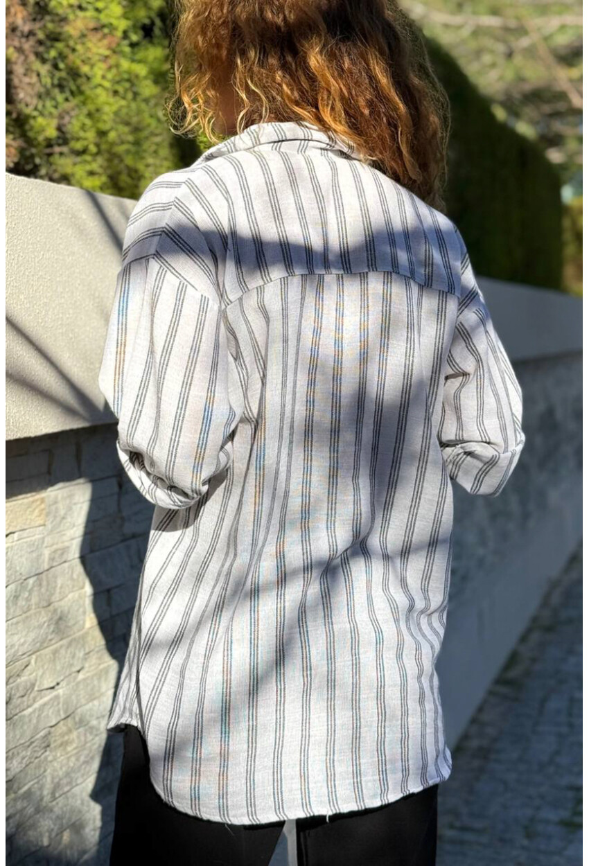 Beyaz Çizgili Cepli Pamuklu Salaş Dokuma Gömlek 70 50