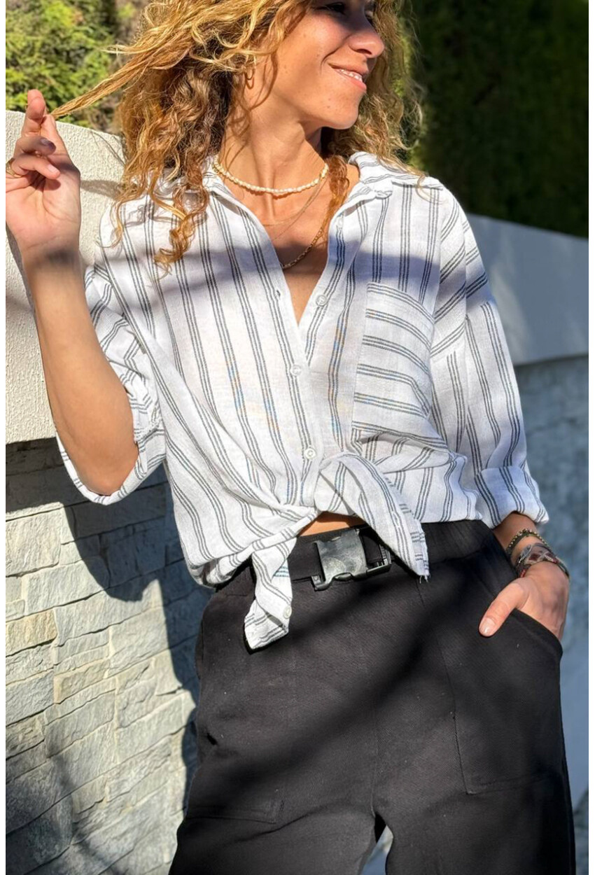 Beyaz Çizgili Cepli Pamuklu Salaş Dokuma Gömlek 70 50