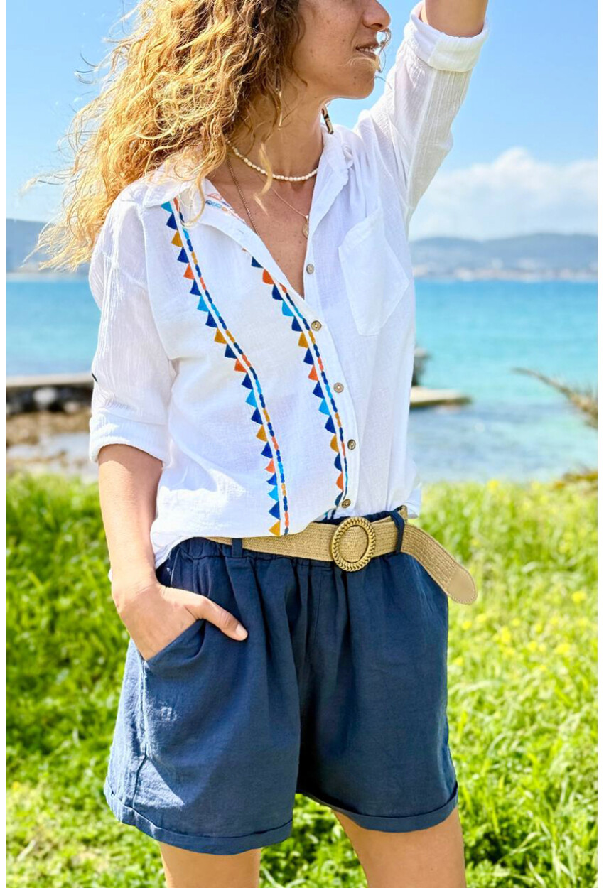 Beyaz Etnik Nakışlı Pamuklu Salaş Dokuma Gömlek 65 45