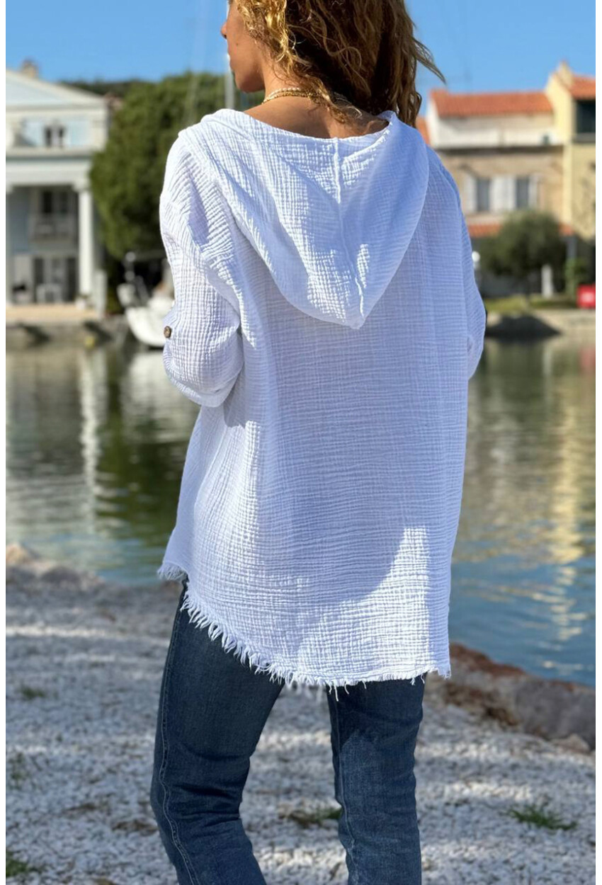 Beyaz Kapüşonlu Düğmeli Cepli Pis Dikişli Pamuklu Salaş Dokuma Gömlek 70 50