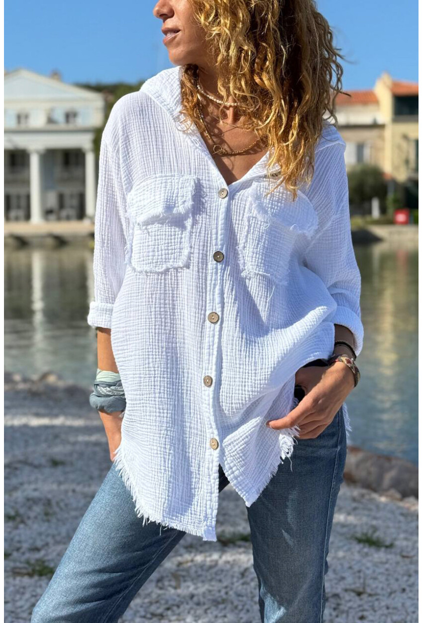 Beyaz Kapüşonlu Düğmeli Cepli Pis Dikişli Pamuklu Salaş Dokuma Gömlek 70 50