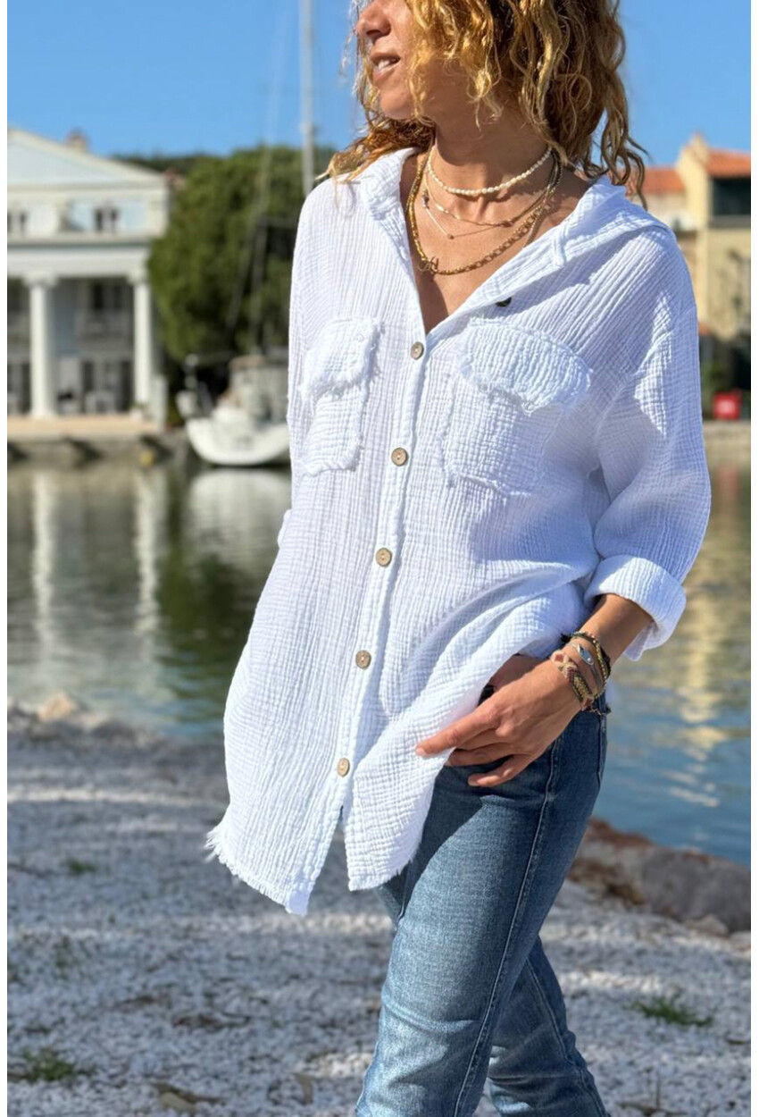 Beyaz Kapüşonlu Düğmeli Cepli Pis Dikişli Pamuklu Salaş Dokuma Gömlek 70 50