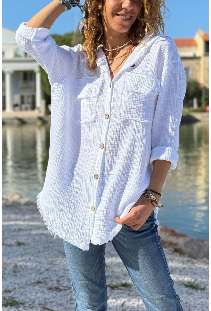 Beyaz Kapüşonlu Düğmeli Cepli Pis Dikişli Pamuklu Salaş Dokuma Gömlek 70 50