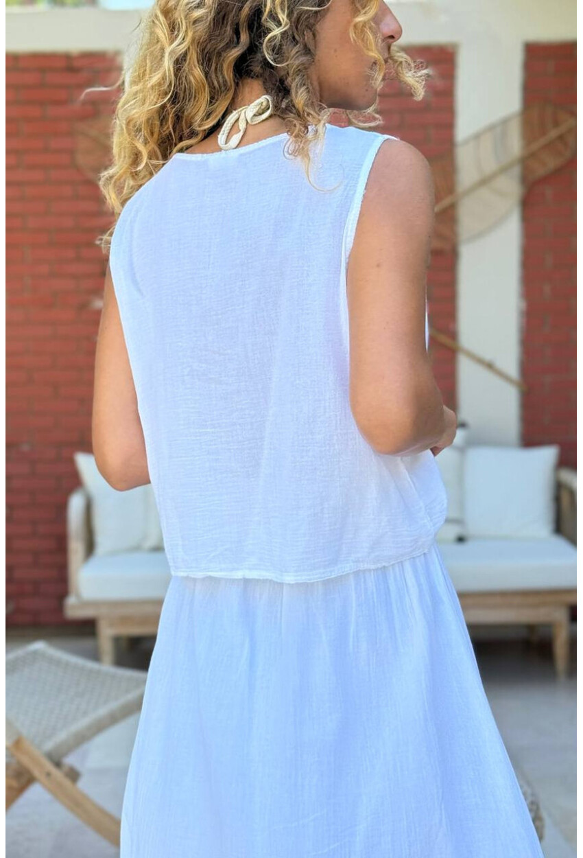 Beyaz Kolsuz Büzgülü Pamuklu Crop Fit Dokuma Bluz 50 45