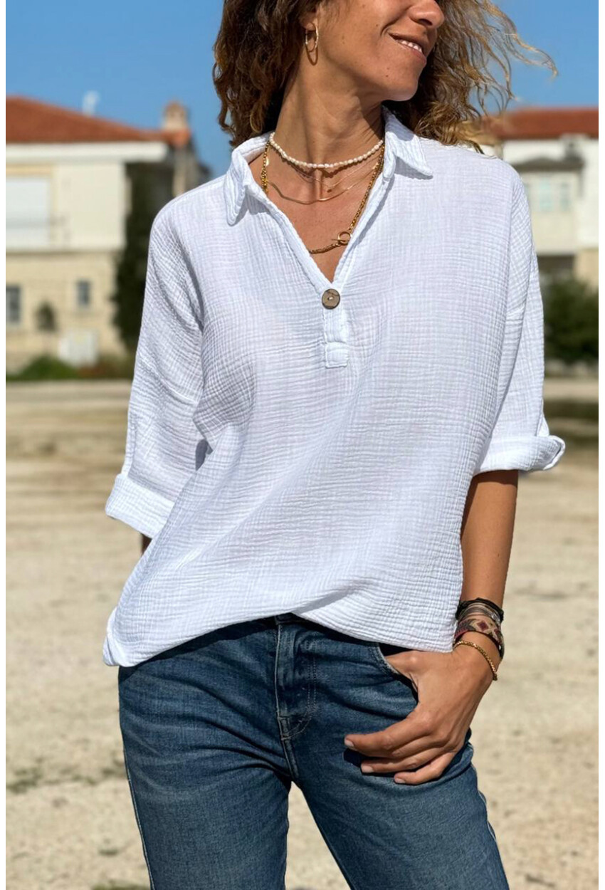 Beyaz Yarım Patlı Süs Düğmeli Pamuklu Salaş Dokuma Bluz 65 55