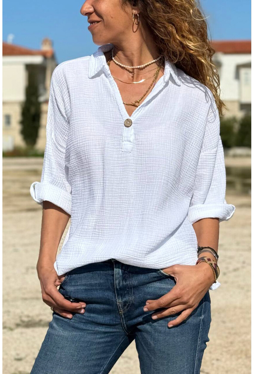 Beyaz Yarım Patlı Süs Düğmeli Pamuklu Salaş Dokuma Bluz 65 55