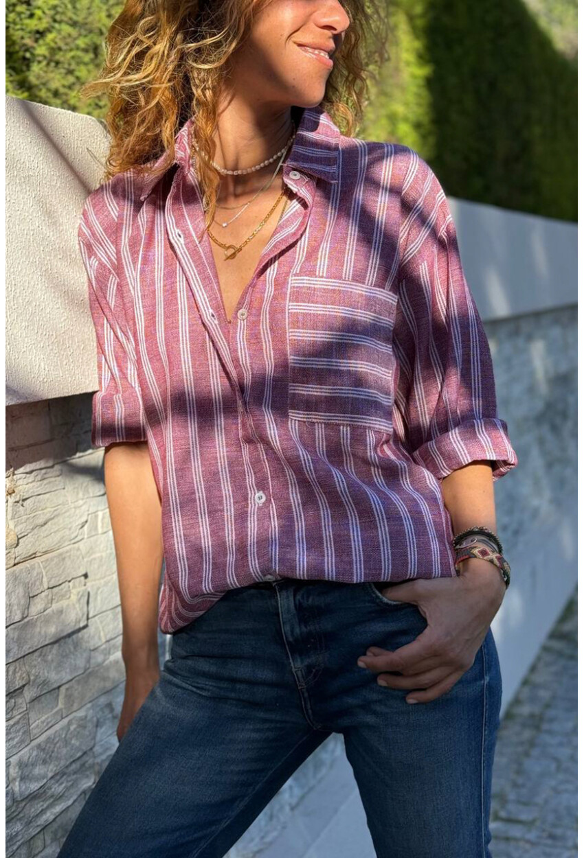 Bordo Çizgili Cepli Pamuklu Salaş Dokuma Gömlek 70 50