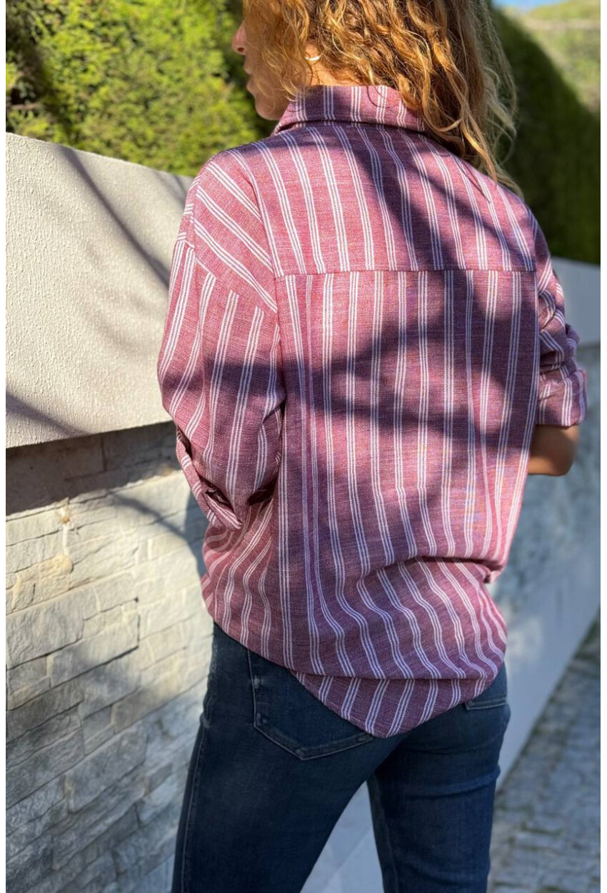 Bordo Çizgili Cepli Pamuklu Salaş Dokuma Gömlek 70 50