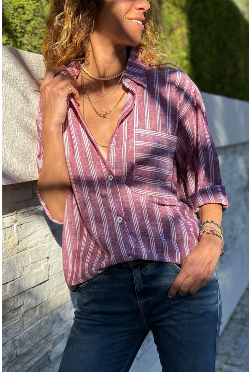 Bordo Çizgili Cepli Pamuklu Salaş Dokuma Gömlek 70 50