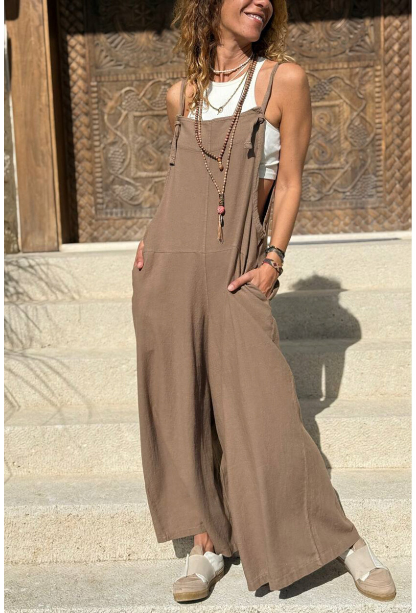 Bronz Rengi Askılı Cepli Bol Paça Pamuklu Salaş Dokuma Tulum 135 50