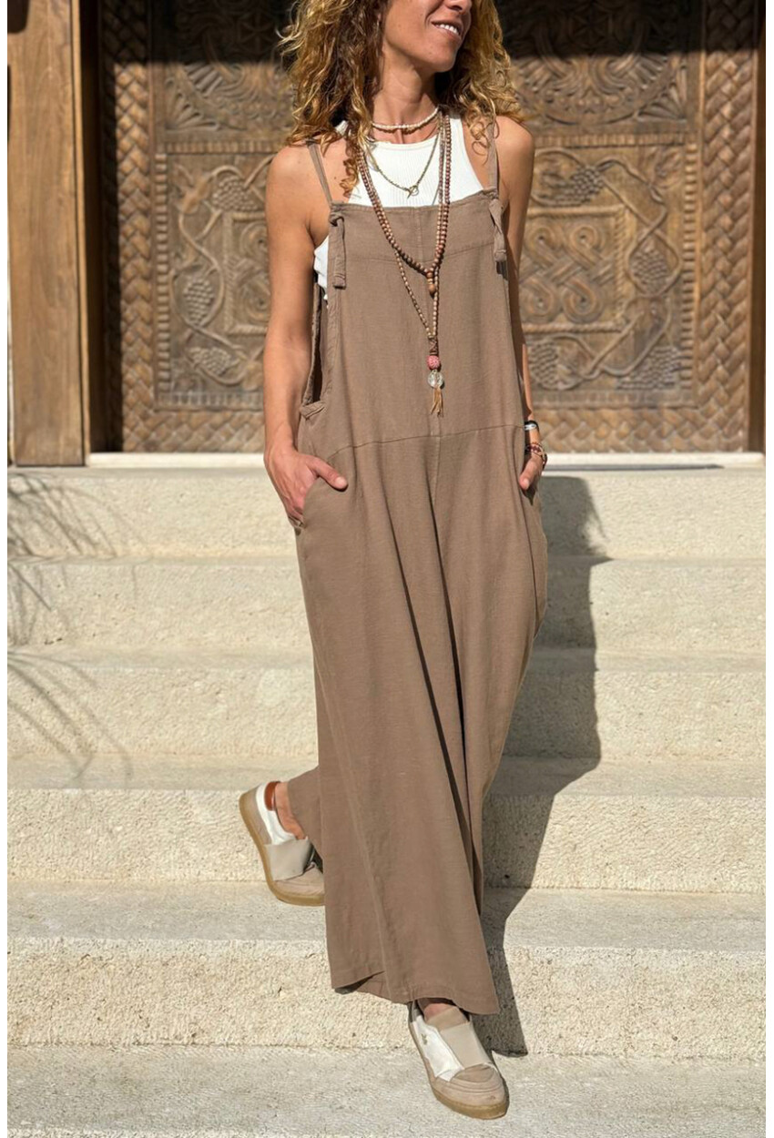 Bronz Rengi Askılı Cepli Bol Paça Pamuklu Salaş Dokuma Tulum 135 50