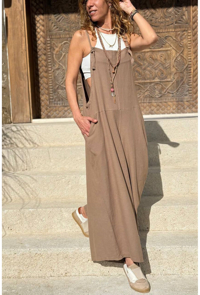 Bronz Rengi Askılı Cepli Bol Paça Pamuklu Salaş Dokuma Tulum 135 50