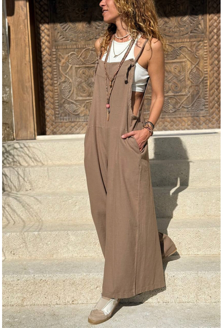 Bronz Rengi Askılı Cepli Bol Paça Pamuklu Salaş Dokuma Tulum 135 50