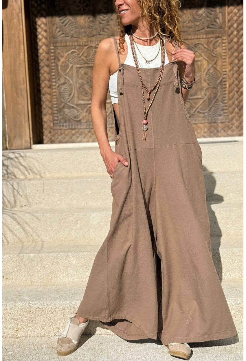 Bronz Rengi Askılı Cepli Bol Paça Pamuklu Salaş Dokuma Tulum 135 50