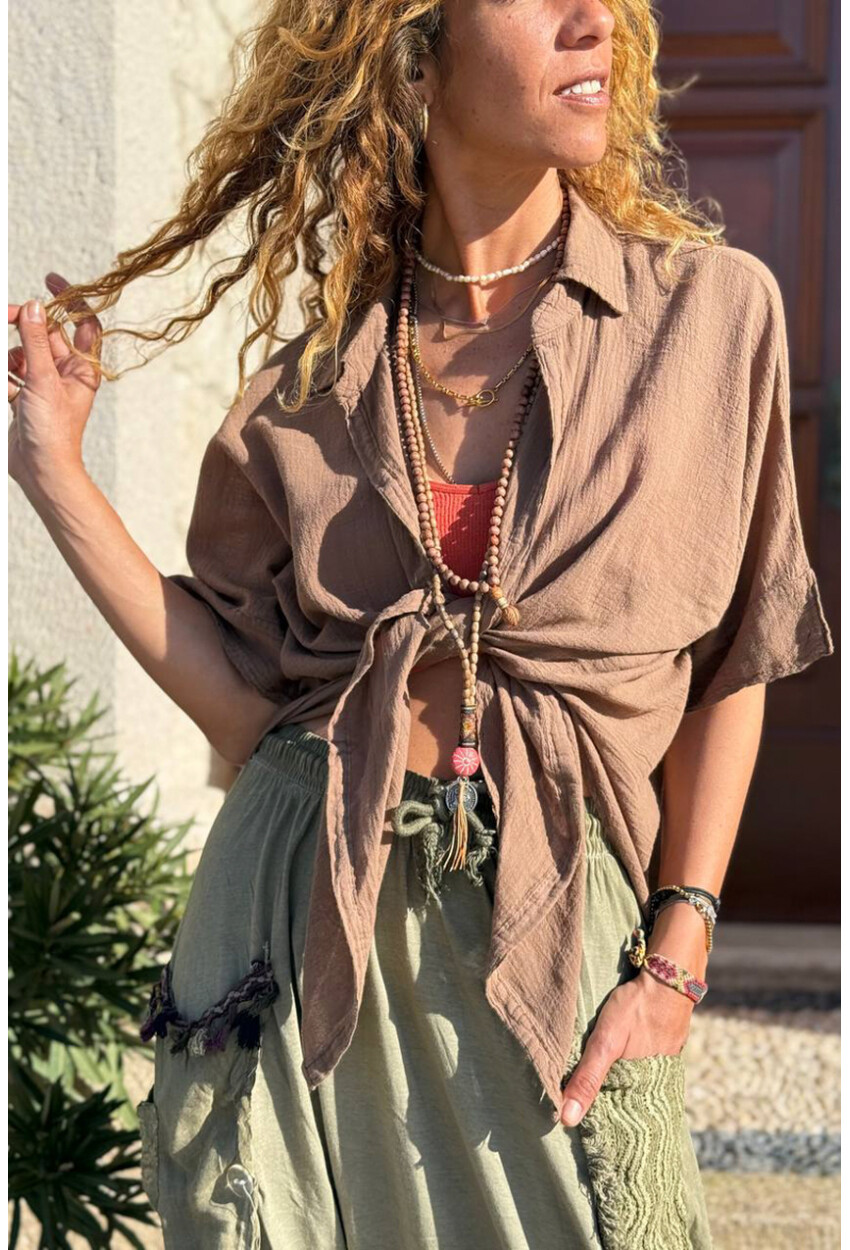 Bronz Rengi Bağlamalı Pamuklu Arkası Uzun Crop Dokuma Bluz 70 45