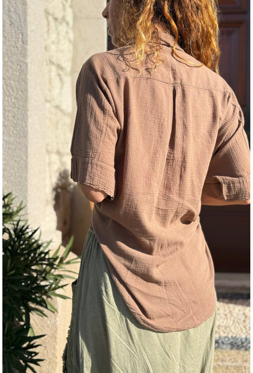 Bronz Rengi Bağlamalı Pamuklu Arkası Uzun Crop Dokuma Bluz 70 45