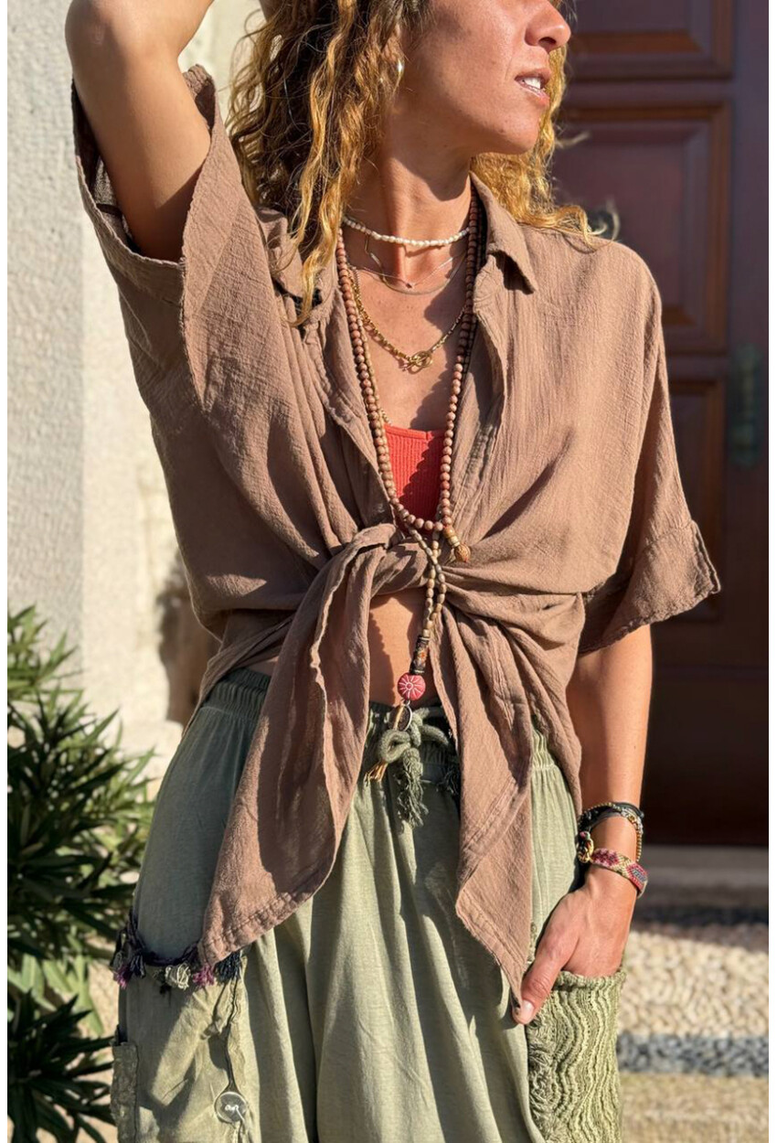 Bronz Rengi Bağlamalı Pamuklu Arkası Uzun Crop Dokuma Bluz 70 45