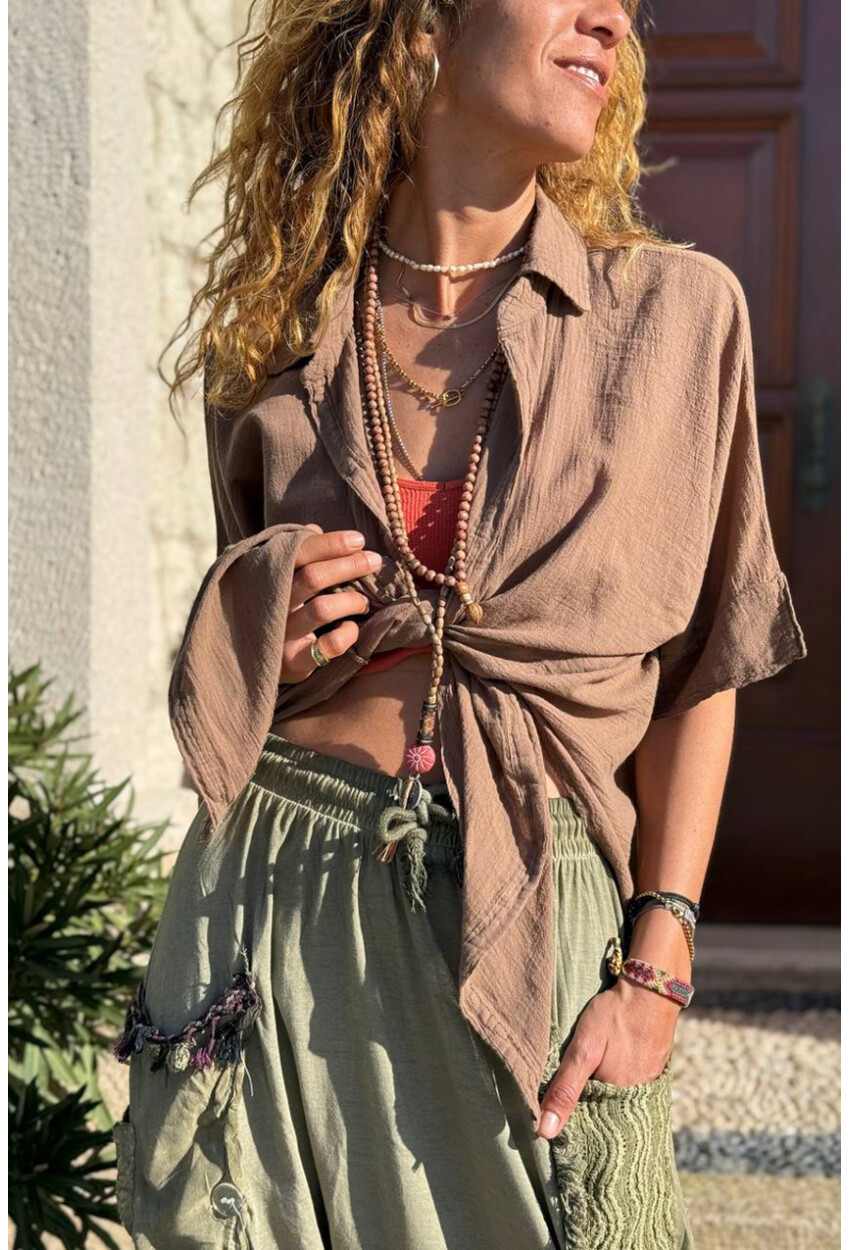 Bronz Rengi Bağlamalı Pamuklu Arkası Uzun Crop Dokuma Bluz 70 45