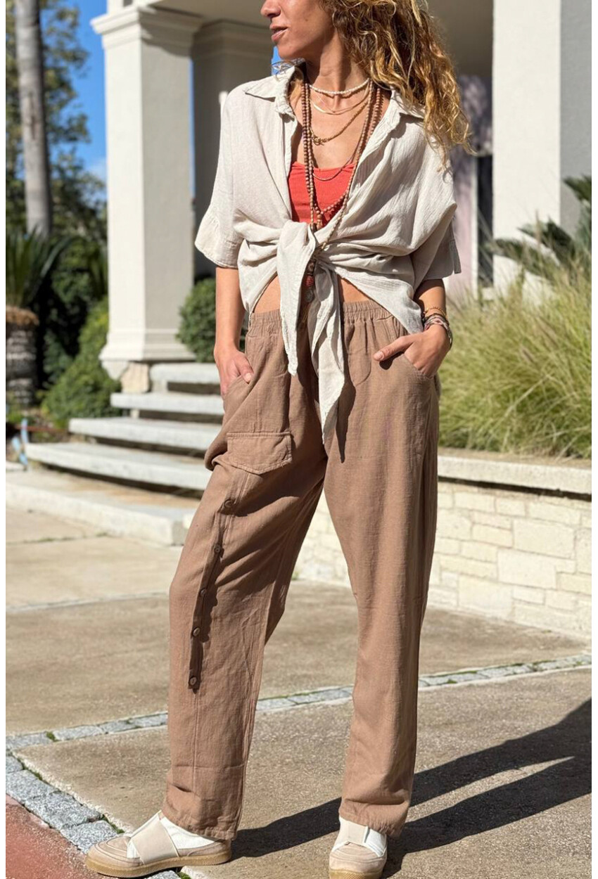 Bronz Rengi Cepli Süs Düğmeli Bol Paça Pamuklu Salaş Dokuma Pantolon 95 35