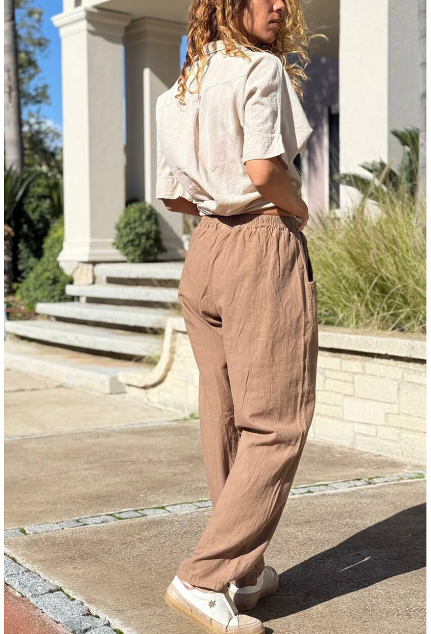 Bronz Rengi Cepli Süs Düğmeli Bol Paça Pamuklu Salaş Dokuma Pantolon 95 35