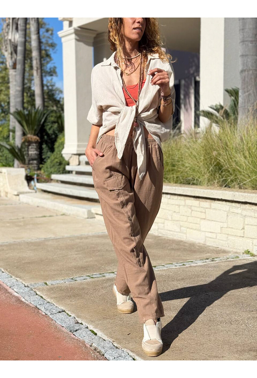 Bronz Rengi Cepli Süs Düğmeli Bol Paça Pamuklu Salaş Dokuma Pantolon 95 35