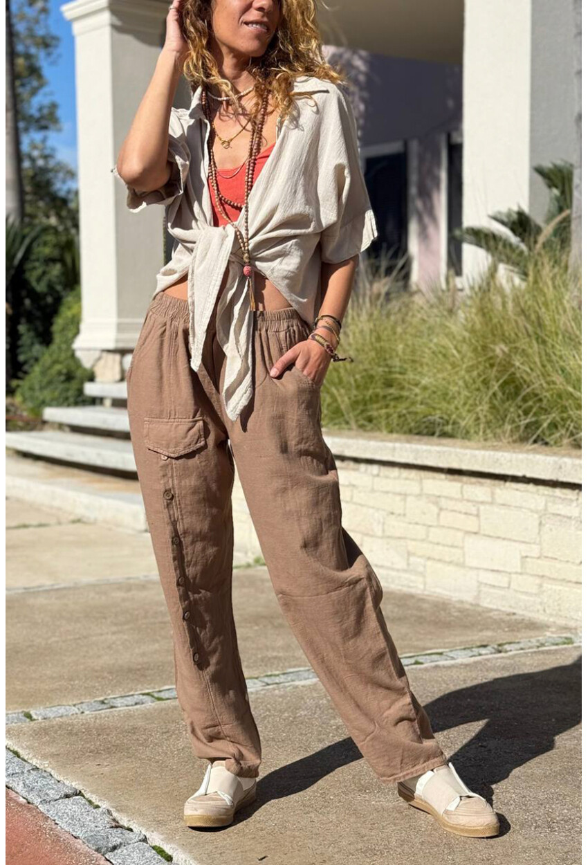 Bronz Rengi Cepli Süs Düğmeli Bol Paça Pamuklu Salaş Dokuma Pantolon 95 35
