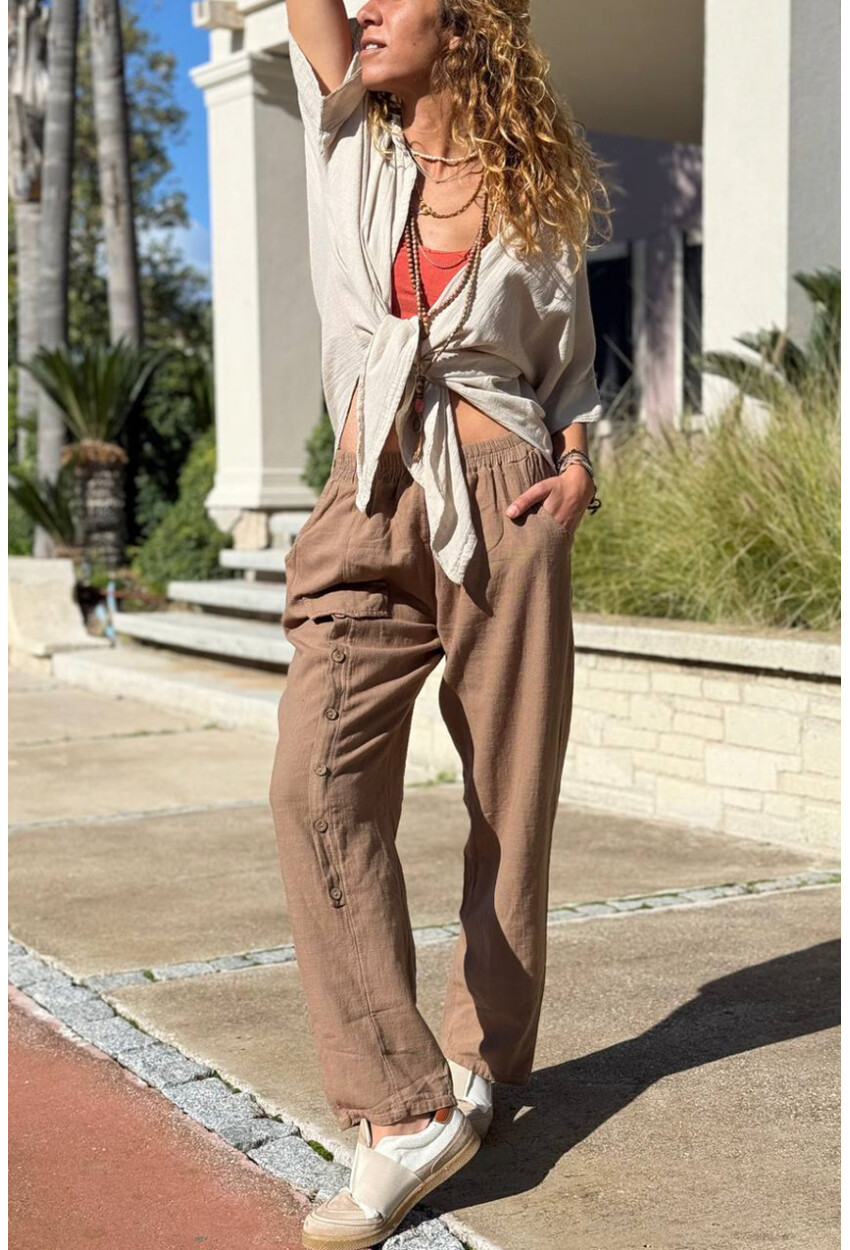 Bronz Rengi Cepli Süs Düğmeli Bol Paça Pamuklu Salaş Dokuma Pantolon 95 35