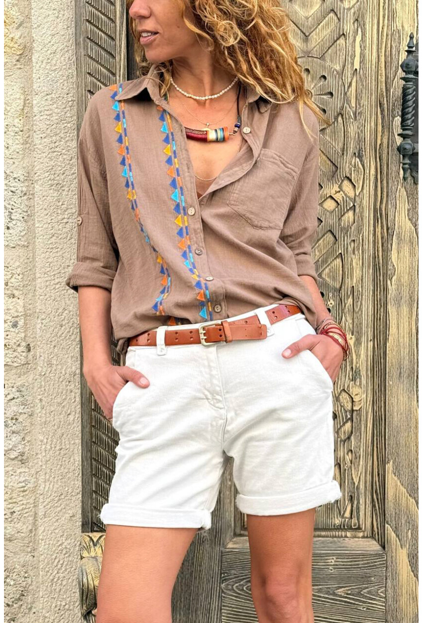 Bronz Rengi Etnik Nakışlı Pamuklu Salaş Dokuma Gömlek 65 45