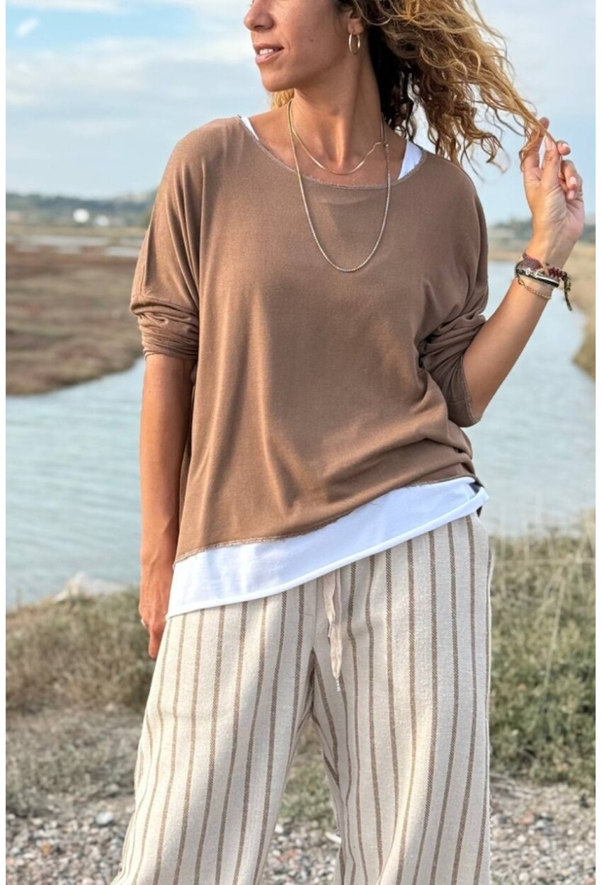 Bronz Rengi Kayık Yaka İkili Set Yumuşak Dokulu Pamuklu Salaş Dokuma Bluz 65 55