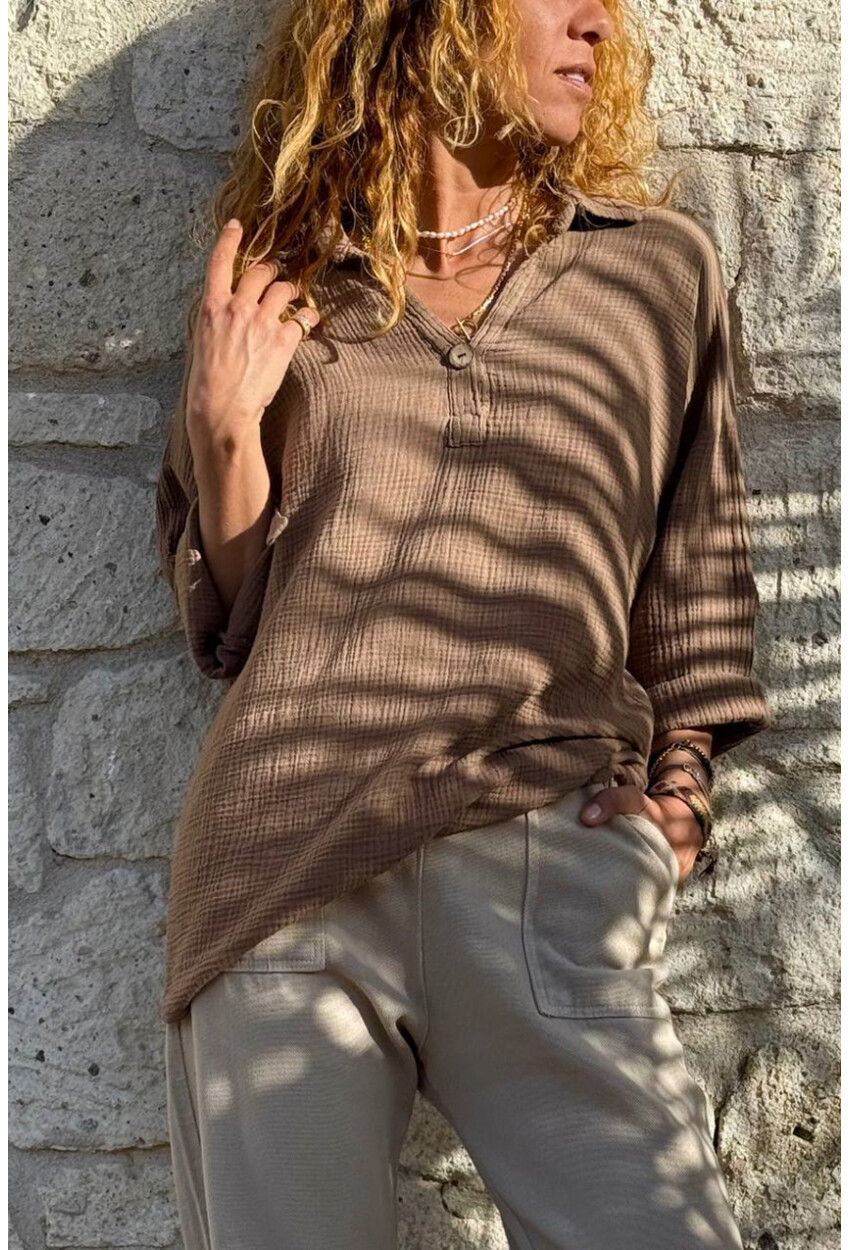 Bronz Rengi Yarım Patlı Süs Düğmeli Pamuklu Salaş Dokuma Bluz 65 55