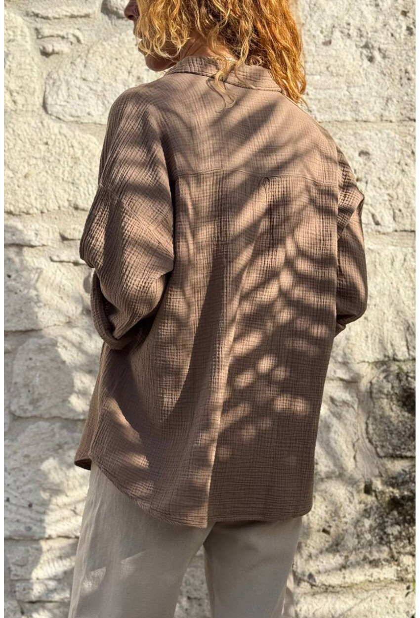 Bronz Rengi Yarım Patlı Süs Düğmeli Pamuklu Salaş Dokuma Bluz 65 55