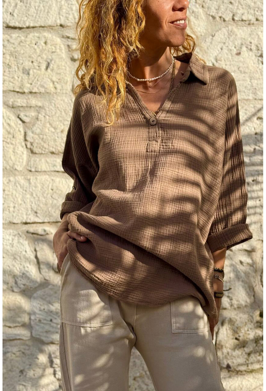 Bronz Rengi Yarım Patlı Süs Düğmeli Pamuklu Salaş Dokuma Bluz 65 55
