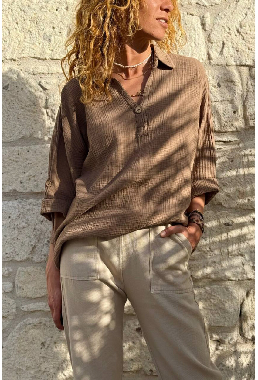 Bronz Rengi Yarım Patlı Süs Düğmeli Pamuklu Salaş Dokuma Bluz 65 55