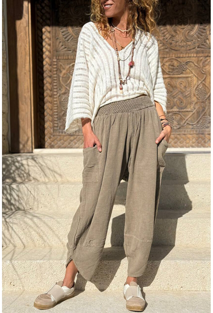 Bronz Yıkamalı Keten Cepli Beli Lastikli Şalvar Pantolon CCK58048ND