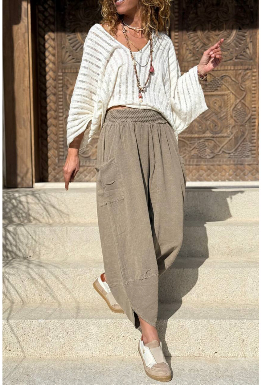 Bronz Yıkamalı Keten Cepli Beli Lastikli Şalvar Pantolon CCK58048ND