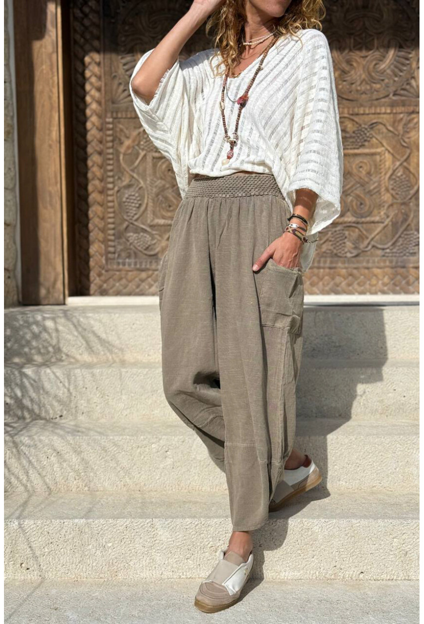 Bronz Yıkamalı Keten Cepli Beli Lastikli Şalvar Pantolon CCK58048ND