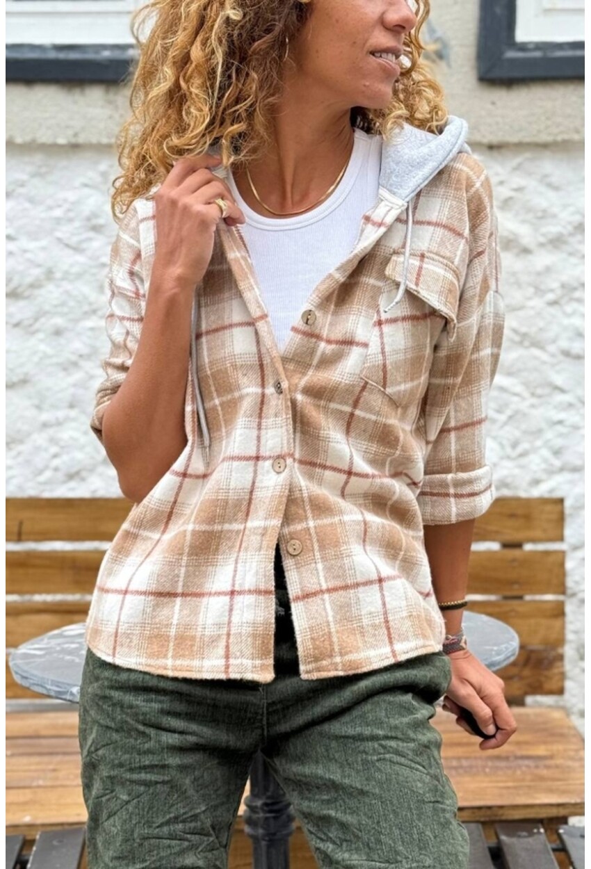 Camel Kapüşonlu Ekose Cepli Oduncu Kaşe Salaş Gömlek 60 50